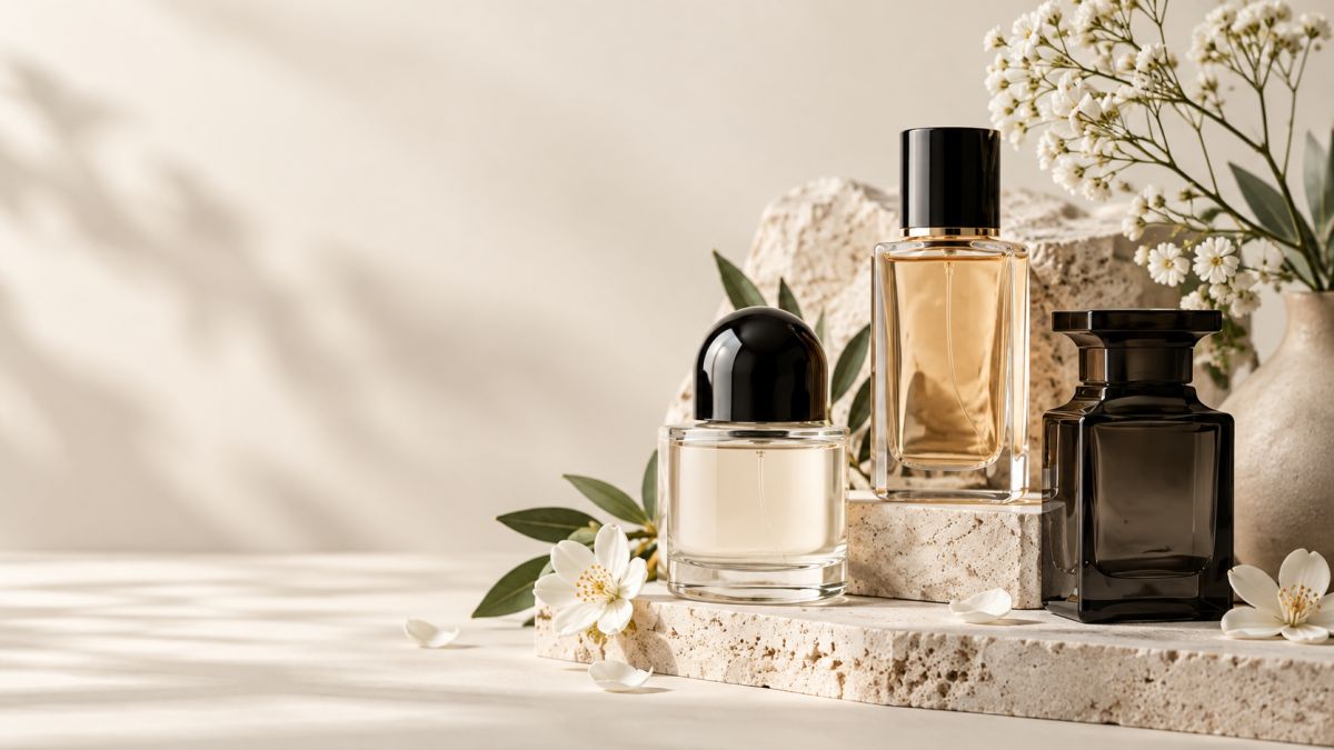 A still life of perfume bottles on stone with white flowers
